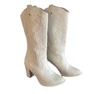 MIA Cream Western Embroidered Mid-Calf Block Heel Boots